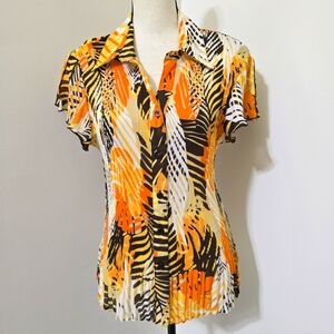 70s Groovy Retro Disco Art Pleated Button Up Flounce Sleeves SERE NADE XL Orange